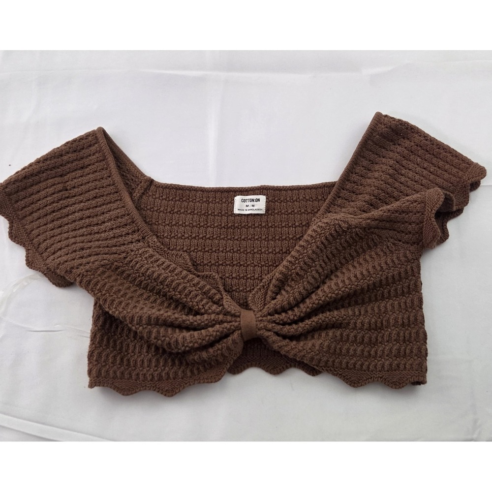 Cotton On Crop Top Womens Medium Brown Knit Bow Cap Sleeve Y2K Coquette Boho